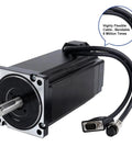 Front view of NEMA 34 closed-loop stepper motor, black housing, silver faceplate, protruding shaft, multi-pin cables