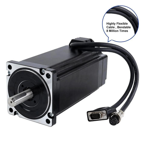 Front view of NEMA 34 closed-loop stepper motor, black housing, silver faceplate, protruding shaft, multi-pin cables