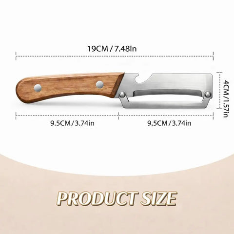 Dimensions of All In One Vegetable Peeler With Wooden Handle and Wide Stainless Steel Blade Perfect For Potatoes and Carrots.