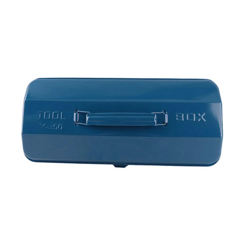 Heavy Duty Iron Toolbox With Extended Telescopic Handle Built Tough For Working Crews And Weekend Home Repair Tasks Blue Metallic Storage Container viewed from above.