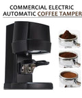 Professional 48mm Stainless Steel Coffee Tamper With Height Adjustable Stand And Pressure Gauge To Nail The Perfect Homemade Espresso Shot Every Single Time, side view with tamper and portafilter.