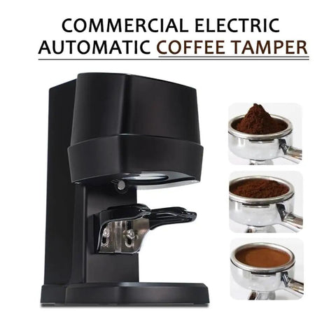 Professional 48mm Stainless Steel Coffee Tamper With Height Adjustable Stand And Pressure Gauge To Nail The Perfect Homemade Espresso Shot Every Single Time, side view with tamper and portafilter.