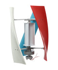 Vertical-axis wind turbine generator 12V 100W with three red and white blades and exposed generator.