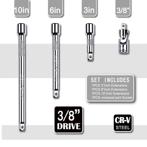3/8 Inch Drive Extension Bar Set With Universal Joint Socket Includes 3, 6, And 10 Inch Extensions Chrome Vanadium Steel