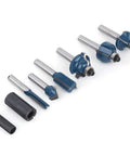 Top Tier Alloy Steel Router Bit Set With 8 Essential Pieces For Smooth Woodworking Milling And Precision Carving Tasks Using 1/4 Inch Shank Design For Pro Shop Results, showcasing eight router bits.