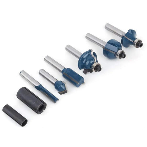 Top Tier Alloy Steel Router Bit Set With 8 Essential Pieces For Smooth Woodworking Milling And Precision Carving Tasks Using 1/4 Inch Shank Design For Pro Shop Results, showcasing eight router bits.
