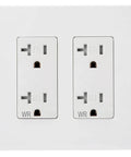 Heavy Duty Tamper Resistant Decorator Outlet Combo Kit Featuring Kid Proof Shutters Two Gang Screwless Wall Plate Set, white receptacles.