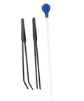 Set of three black stainless steel feeder tweezers and a white long-handled feeder wand with a blue bulb