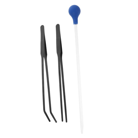 Set of three black stainless steel feeder tweezers and a white long-handled feeder wand with a blue bulb