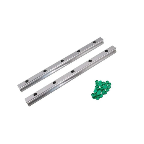 Shop Grade HGR25 Steel Linear Guide Rail With Matching Slider, precision steel rails with mounting holes and green spacers.