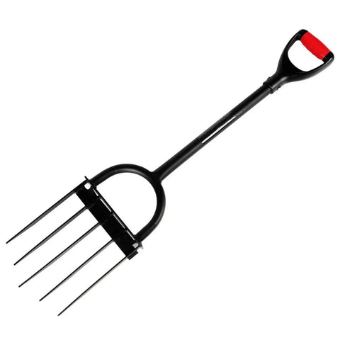Heavy Duty 5 Tine Pitch Fork For Garden Work With Long Ergonomic T Handle Rust Resistant Stainless Steel Head Minimal Soil Adhesion