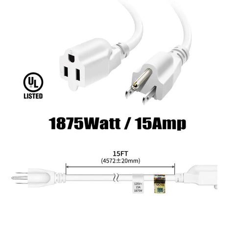 Beefy 14 Gauge 3 Prong Extension Cord 15 Feet Long 15 Amp 1875 Watt White UL Listed Power Cable, plug and socket detail