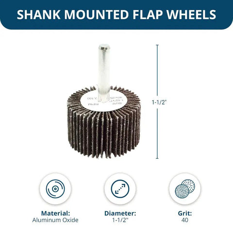 Aluminum Oxide One And One Half Inch Flap Wheel One Inch Wide With One Quarter Inch Shank Mounted Sander For Deburring Sanding Grinding Paint Removal Polishing On Drill And Grinder Ten Pack Forty Grit shown front view