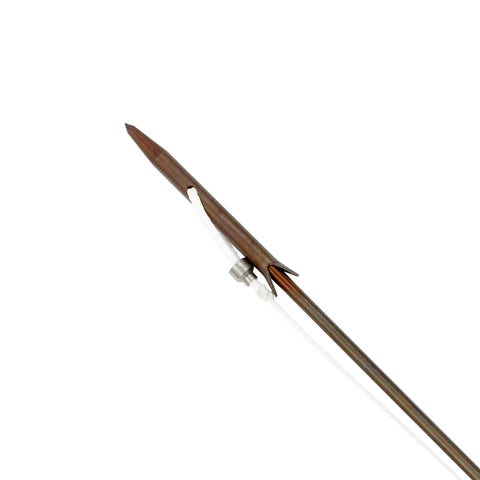 Detail of Shaka Hybrid Carbon Fiber Pole Spear 7ft for spearfishing, showing stainless steel head and slip tip design.