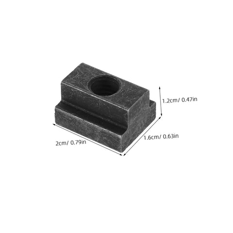 Close-up of a single Six Piece Slot Fastening Nuts And Bolts Set For T Slot Tracks And Machine Tool Applications nut with measurements.