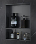 Shower Niche Insert Storage Shelf Set 16x20 Inch No Tile Needed Double In Wall Stainless Steel Niche With Black Grey Finish Easy To Install Bathroom Organizer For Extra Shower Storage And Tidy Walls displaying bottles.