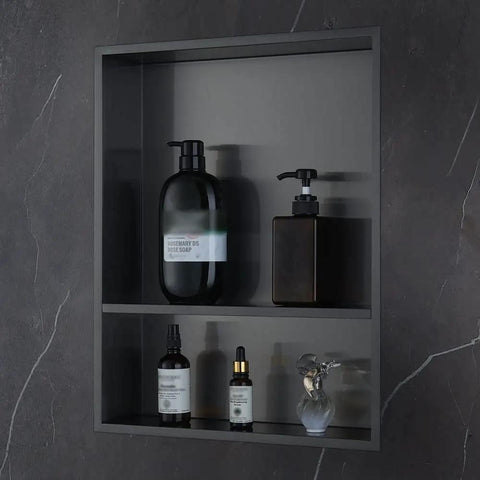 Shower Niche Insert Storage Shelf Set 16x20 Inch No Tile Needed Double In Wall Stainless Steel Niche With Black Grey Finish Easy To Install Bathroom Organizer For Extra Shower Storage And Tidy Walls displaying bottles.
