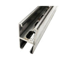 Close-up of Back-To-Back Slotted Stainless Steel Bracket 1.625 X 3.25 Inch, 24 Inch Length, 12 Gauge 304 Stainless for DIY projects.