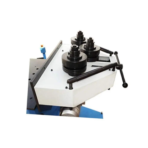 Heavy Duty One Horsepower Ring Roller Pinch Bend Machine For One And Quarter Round Square Tube And Pipe Mild Steel Bending Rig close-up of rollers and control handles.