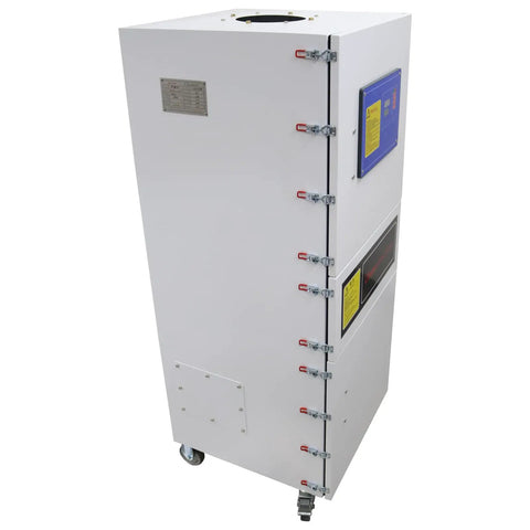 Industrial Pulse Dust Collector with PTFE filter, mobile 220V unit on wheels for CNC machining and metal cutting dust extraction.