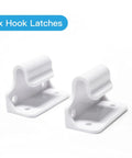 Two white hook latches from All In One Retractable Baby Gate Hardware Replacement Parts Kit With Wall Mounting Brackets Latches Screws Anchors