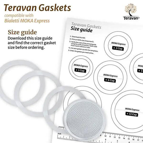 Replacement Silicone Gasket Kit For Bialetti Moka Express 12 Cup Includes Three Gaskets And Filter Plate Fits 74 mm Inner Diameter And 90 mm Outer Diameter Keeps Your Espresso Pot Sealed And Brewing Strong, shown with size guide.