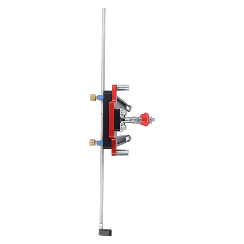 Dead On Accuracy Drawer Punch Locator And Drilling Positioner For Woodworking Projects, aluminum alloy tool with red accents.