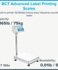 Front view of BCT Advanced Label Printing Bench Scale with 165lb capacity and 0.01lb readability for inventory shipping and receiving.