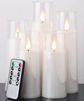 Set Of 5 Battery Operated Flameless LED Pillar Candles With Acrylic Shell, Remote Control And Timer, Realistic 3D Wick, Warm Yellow And Blue Flicker, 5, 6, 7, 8 Inch Heights For Cozy Home Decor And Gift