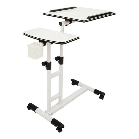 Smooth Rolling Standing Desk Heavy Duty Sit Stand Laptop Cart with two surfaces and lockable wheels for home office.