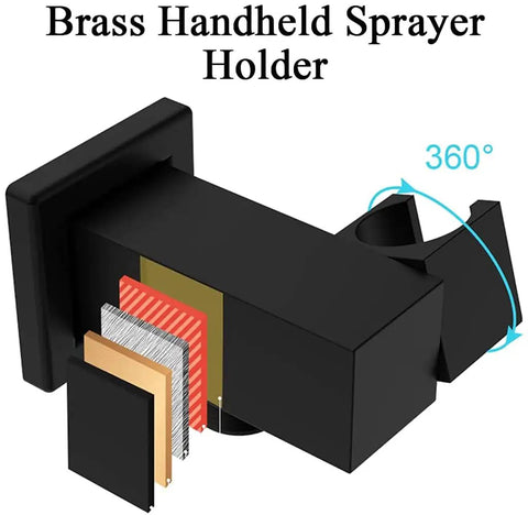 Black brass handheld sprayer holder, 360-degree rotation, part of Dope LED Rain Shower System With 12 Inch Square Brass Rain Head