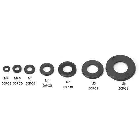 Versatile 350 Piece Rubber Washer Kit With M2 M2.5 M3 M4 M5 M6 M8 Sizes Black For Home Auto Plumbing DIY Use Cuts Friction Prevents Leaks Seals Gaskets And Spacers For All Your Quick Fix Projects. M2 to M8 black rubber flat washers, 50 pcs each