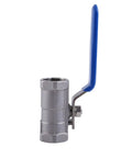 Top Shelf 1/2 Inch Stainless Steel Ball Valve Female To Female Connections with blue handle for quick water shutoff.