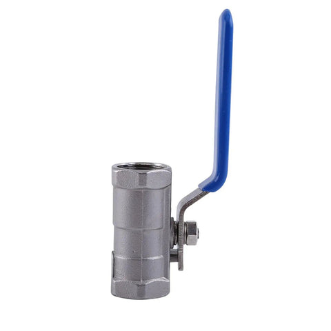 Top Shelf 1/2 Inch Stainless Steel Ball Valve Female To Female Connections with blue handle for quick water shutoff.