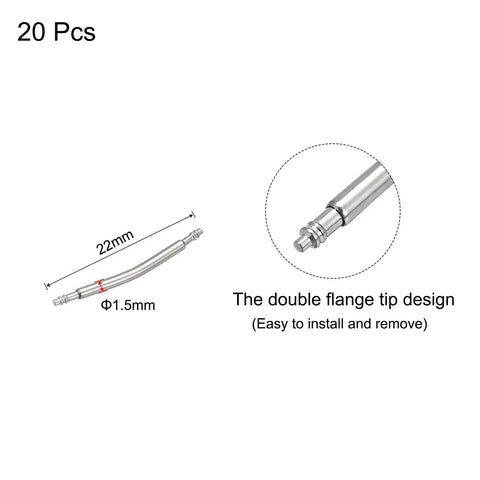 Diagram of 19mm Curved Spring Bar Pins 1.5mm Diameter Stainless Steel Double Flanged End Watch Band Link Pins with measurements