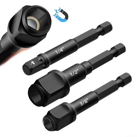 Driver Extension Socket Adapter Set 2 In 1 Hex Shank Converter Magnetic Screwdriver Attachment for Power Tools, 1/4, 3/8, 1/2 inch sizes.