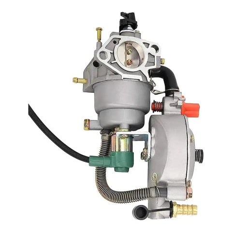 Dual Manual LPG CNG Carburetor For GX390 188F GX420 190F 11HP 13HP Engines Motorcycle Engine Spare Parts With Manual Fuel Line Switch Reliable Gas Line Carburetor For Industrial Power Equipment, shown front view with fuel lines
