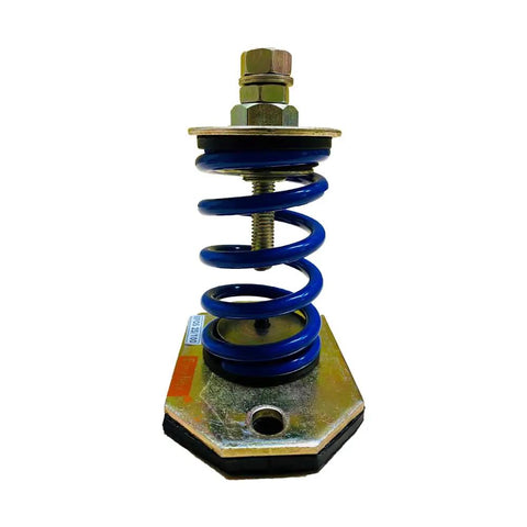 Straight Up Heavy Duty Open Spring Vibration Isolator With Six Millimeter Ribbed Rubber Pad Two Twenty Pound Load Rating One Inch Travel Pack Of Four Blue Coils, showing a blue coil with metal base.