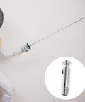 Fencer practicing with epee, close-up of Fencing Replacement Tip Stainless Steel For Precision Practice visible in circle inset.
