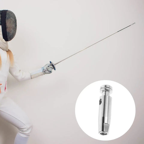 Fencer practicing with epee, close-up of Fencing Replacement Tip Stainless Steel For Precision Practice visible in circle inset.
