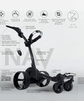 Solid As A Rock Electric Golf Cart With Remote Seat Attachment And Quick Zip Fold Frame For All Terrain Courses Plus Cup Holder And Scorecard Storage Accessories, showing full directional remote control and rugged wheels.