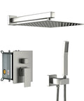 Wall Mounted Square Shower System with Adjustable Flow featuring brushed nickel finish, square rain shower head, and handheld shower.