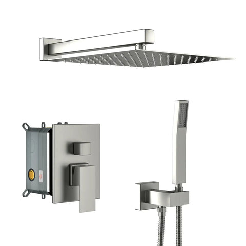 Wall Mounted Square Shower System with Adjustable Flow featuring brushed nickel finish, square rain shower head, and handheld shower.