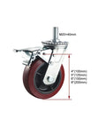 Eight Inch Swivel Casters With M20 Thread Stem And Sure Grip Brake Set Of Four Quiet Polyurethane Wheels for workbench gear close-up.