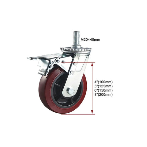 Eight Inch Swivel Casters With M20 Thread Stem And Sure Grip Brake Set Of Four Quiet Polyurethane Wheels for workbench gear close-up.