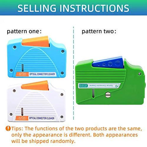 Optical fiber connector cleaner cassette; two color-pattern variants shown: blue/white and green, front views.