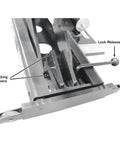Heavy Duty Air Hydraulic Rolling Jack With 7000 Lb Capacity And Ultra Low Profile showing lock release lever and locking positions.