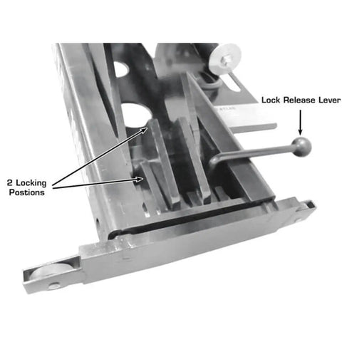 Heavy Duty Air Hydraulic Rolling Jack With 7000 Lb Capacity And Ultra Low Profile showing lock release lever and locking positions.