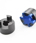 Built Tough L Shaped Plum Servo Motor Coupling Featuring Star Flex Design High Torque Transfer Knockout Precision close-up view of coupling parts.