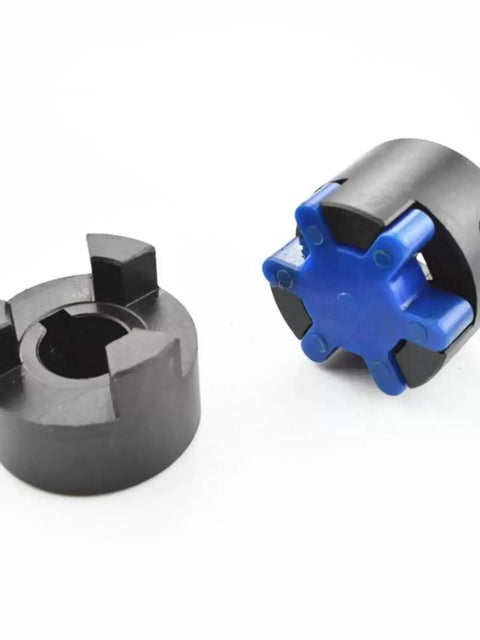 Built Tough L Shaped Plum Servo Motor Coupling Featuring Star Flex Design High Torque Transfer Knockout Precision close-up view of coupling parts.
